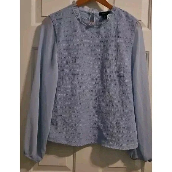 Halogen Sz XL Women's Light Blue Top Ruffle Neck Sheer Long Sleeves Blouse - Picture 7 of 8